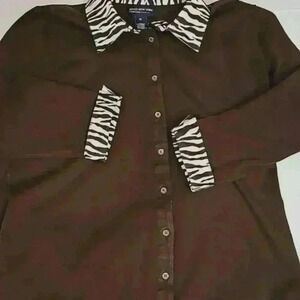 Jones NY Womens brown sweater 1X Animal print button front Cozy Warm Office